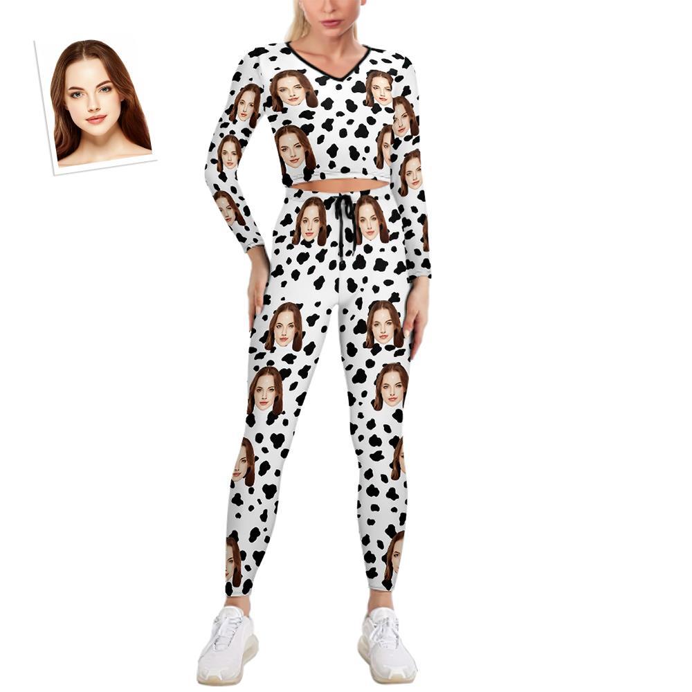 Custom Face Women's V-Neck Sweatshirt Set Stretch Casual Costume - Dalmatian - MyFaceSocksEU