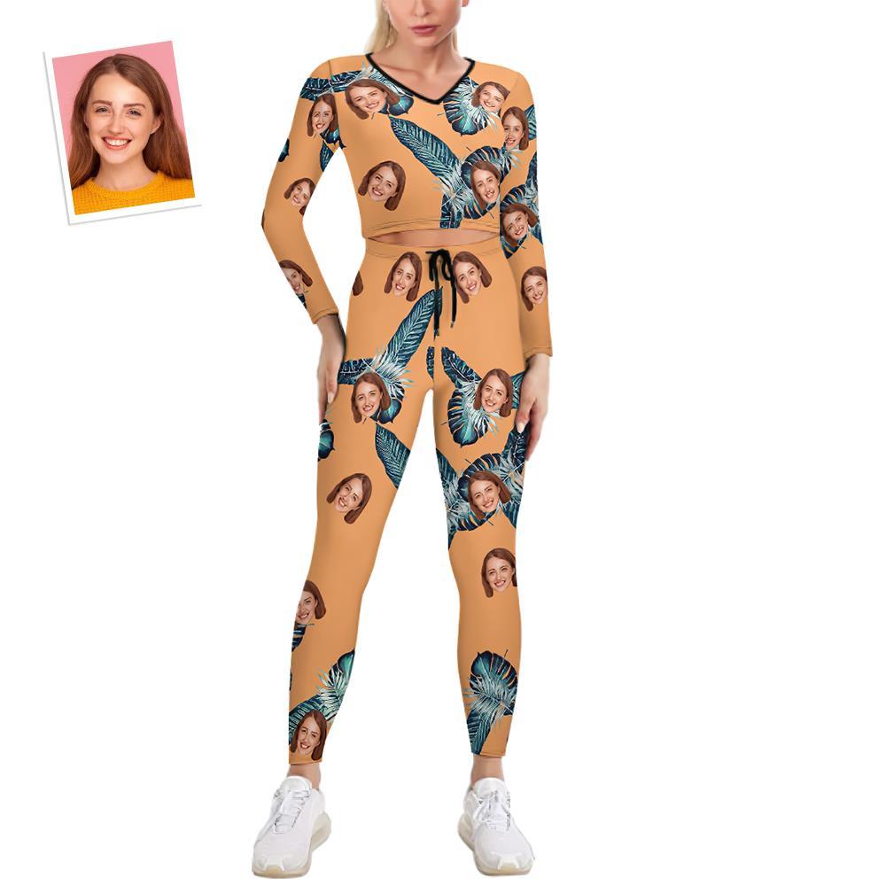 Custom Face Women's V-Neck Sweatshirt Set Stretch Casual Costume - Hawaiian Orange - MyFaceSocksEU