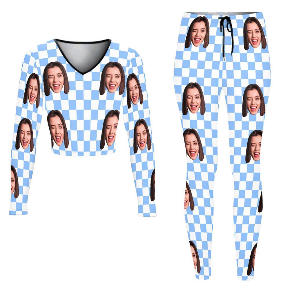 Custom Face Women's V-Neck Sweatshirt Set Stretch Casual Costume - Blue Check - MyFaceSocksEU