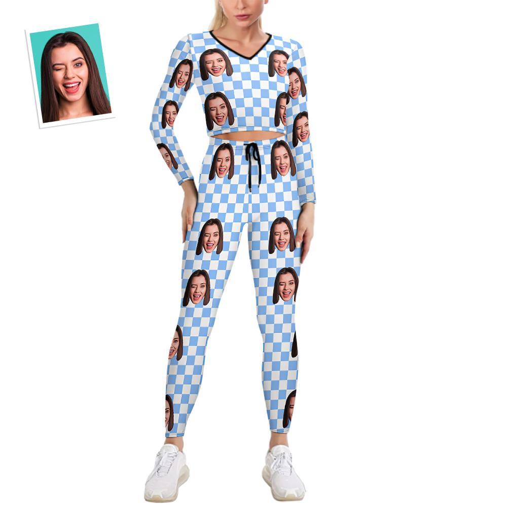 Custom Face Women's V-Neck Sweatshirt Set Stretch Casual Costume - Blue Check - MyFaceSocksEU