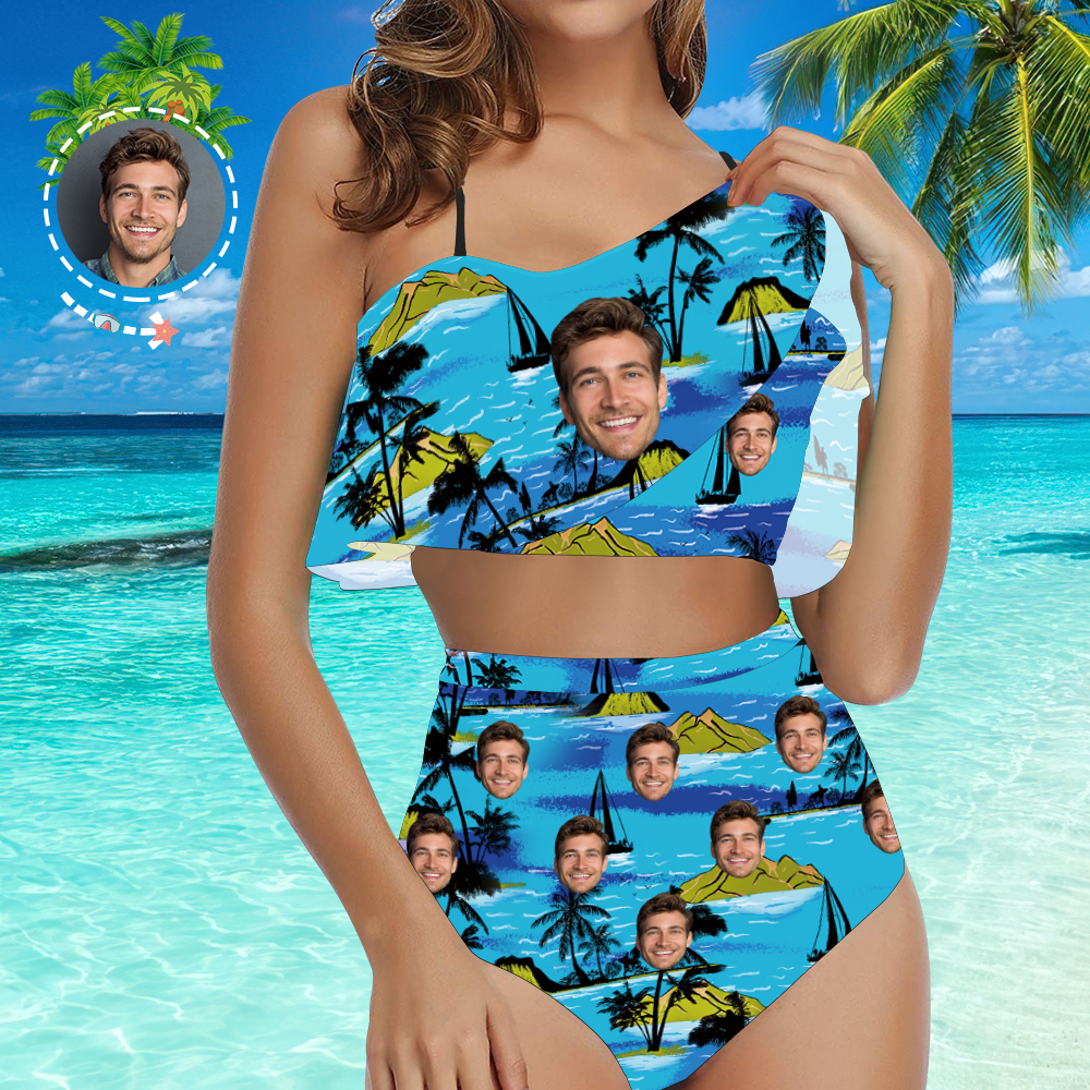 Custom Face Bikini Women's Ruffle Summer Bikini High Waisted Bathing Suits Gift For Her - Coconut Tree - MyFaceSocksEU