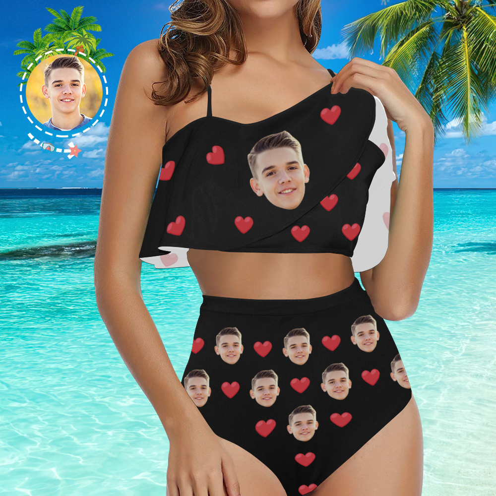 Custom Face Bikini Women's Ruffle Summer Bikini High Waisted Bathing Suits Gift For Her - Heart - MyFaceSocksEU
