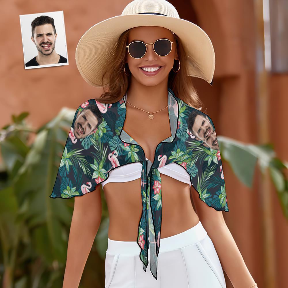 Custom Face Beach Wrap Women Short Sarongs - Flamingo Flowers And Leaves - MyFaceSocksEU