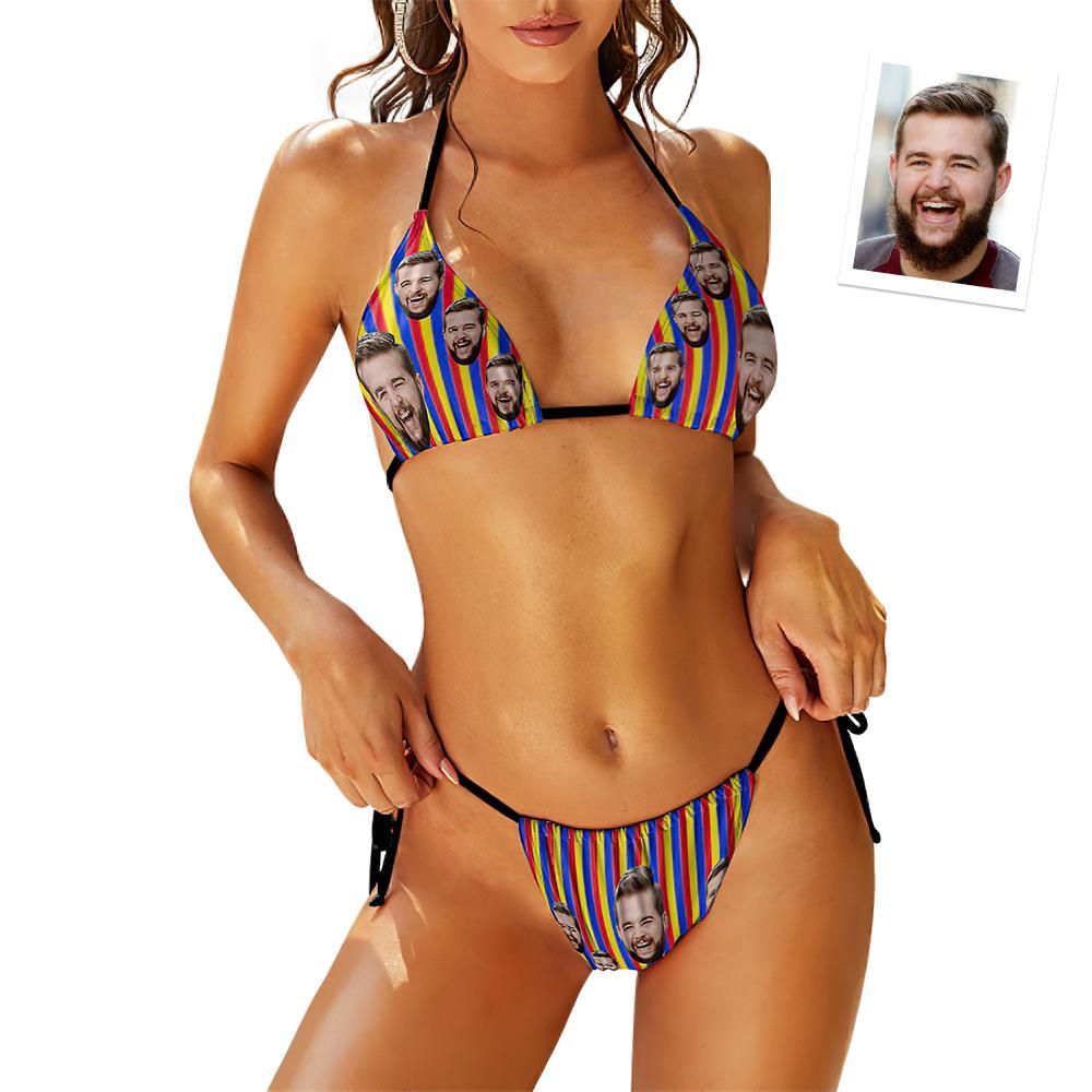 Custom Face Swimming Suit Sexy Strappy Bikini Rainbow Stripes - MyFaceSocksEU