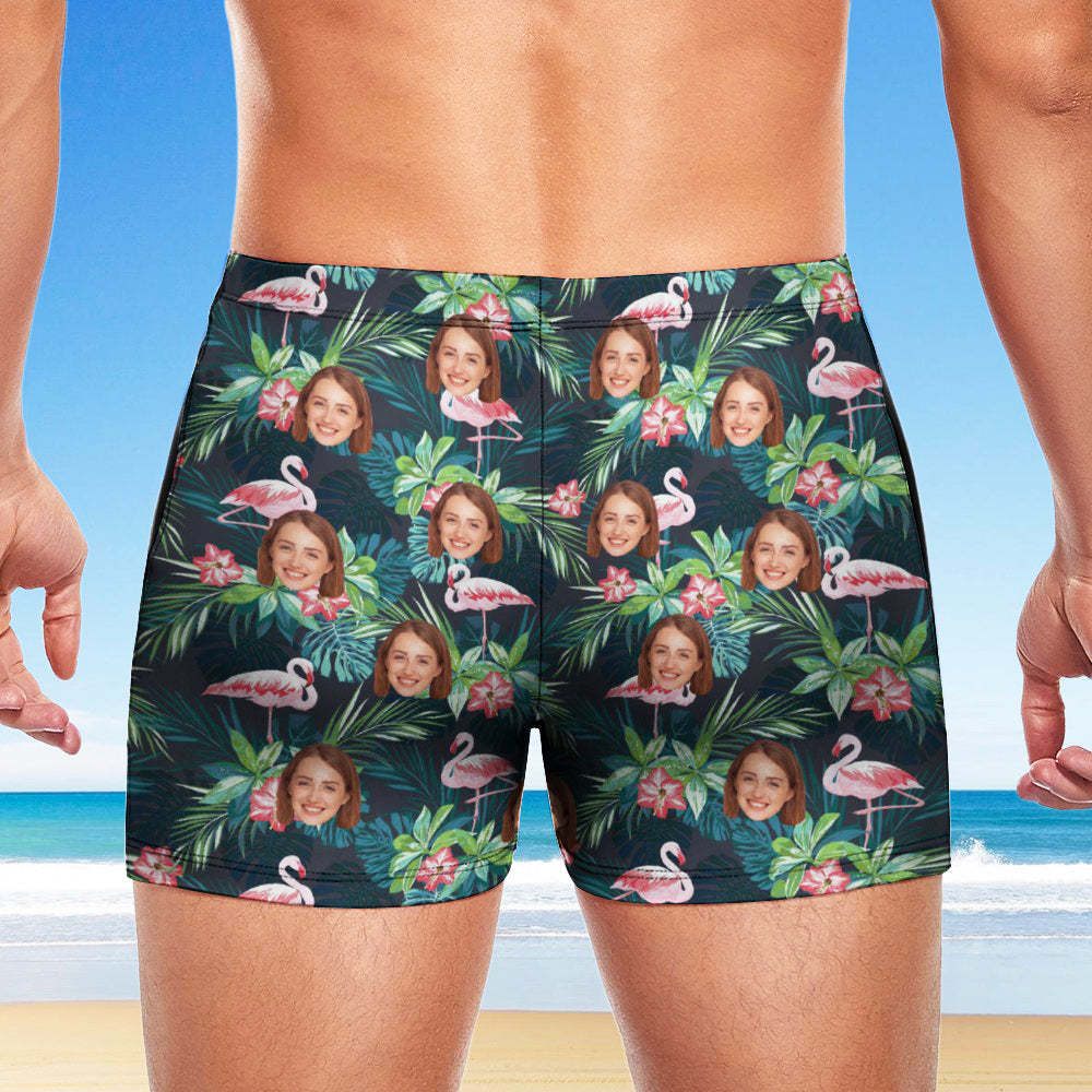 Custom Men's Swim Boxer Shorts, Hawaiian Face Swim Trunks, Peseronalized Swim Briefs - Flamingo