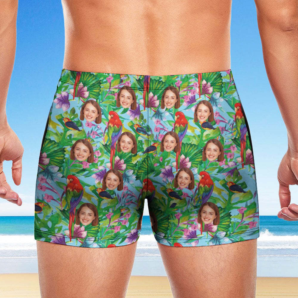 Custom Men's Swim Boxer Shorts, Hawaiian Face Swim Trunks, Peseronalized Swim Briefs - Parrot