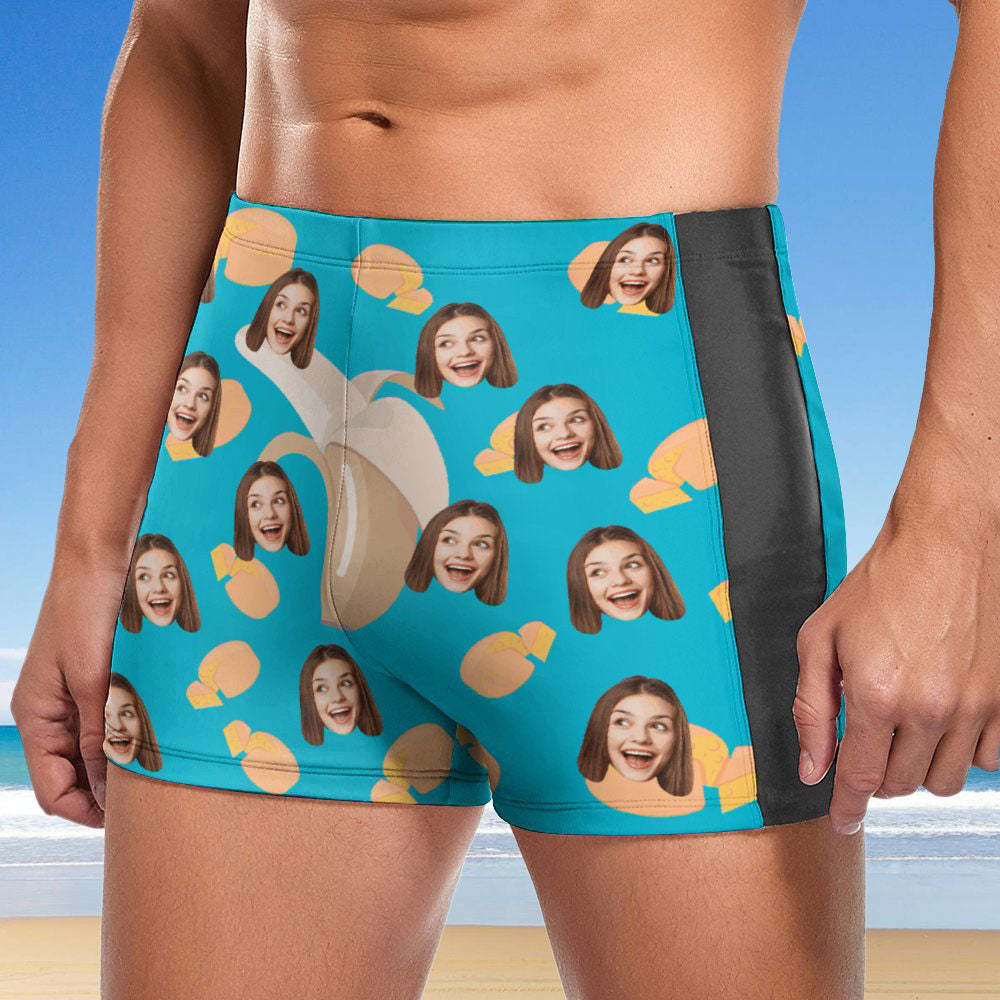 Custom Men's Swim Boxer Shorts, Hawaiian Face Swim Trunks, Peseronalized Swim Briefs - Banana and Cheese
