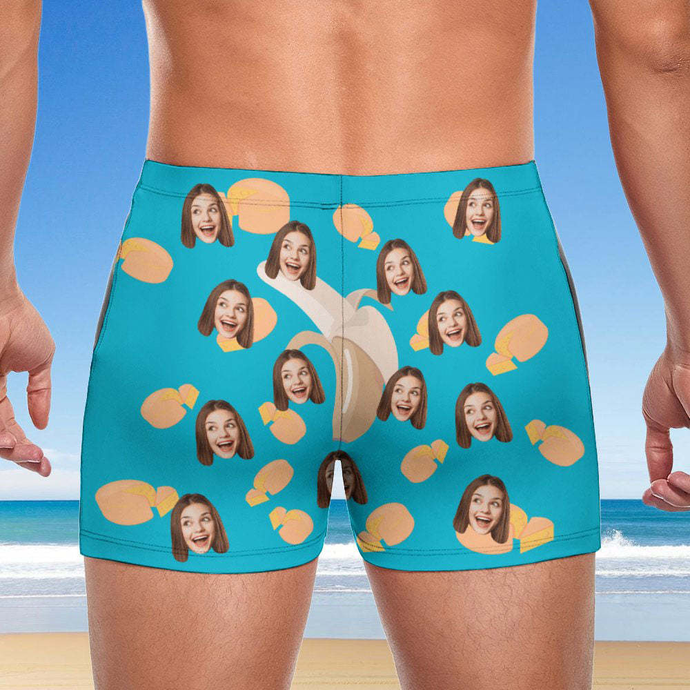 Custom Men's Swim Boxer Shorts, Hawaiian Face Swim Trunks, Peseronalized Swim Briefs - Banana and Cheese