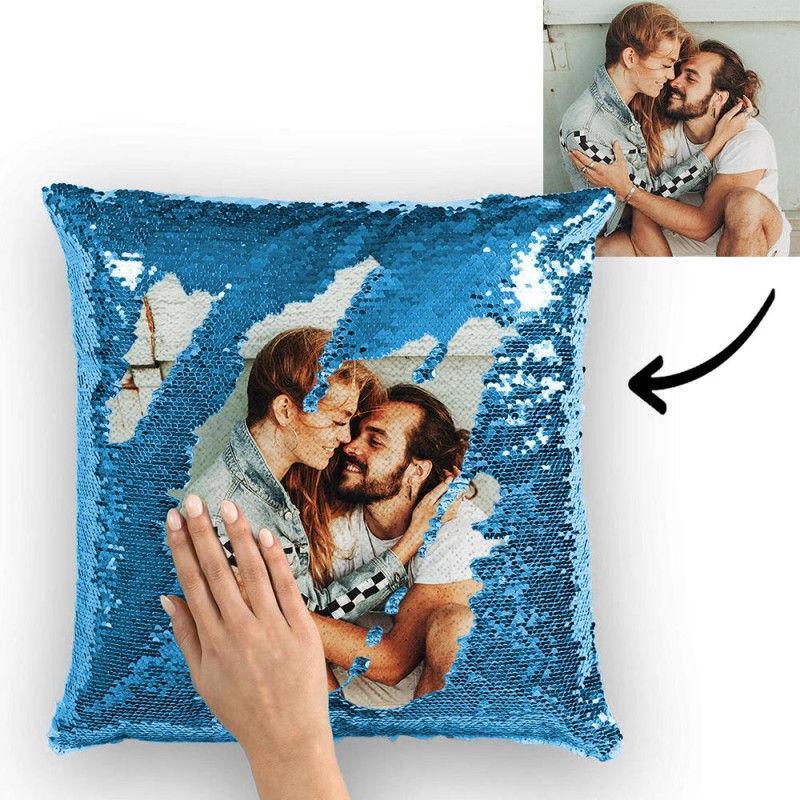 Custom Photo Magic Sequins Pillowcase Lake Blue Color Sequin Cushion 15.75inch * 15.75inch Unique Gifts - MyFaceSocksEU