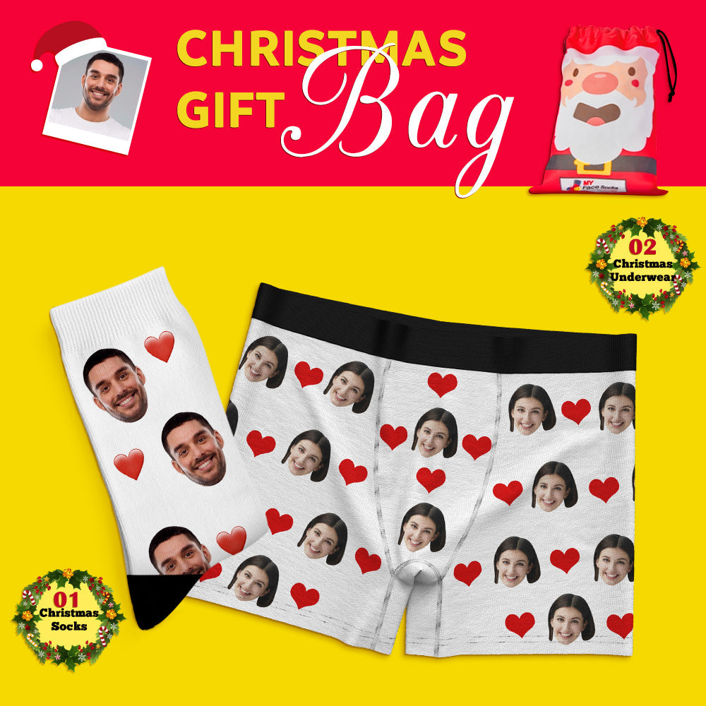 Christmas Gift Bags Custom Face Boxer Shorts And Socks Set For Lover Heart