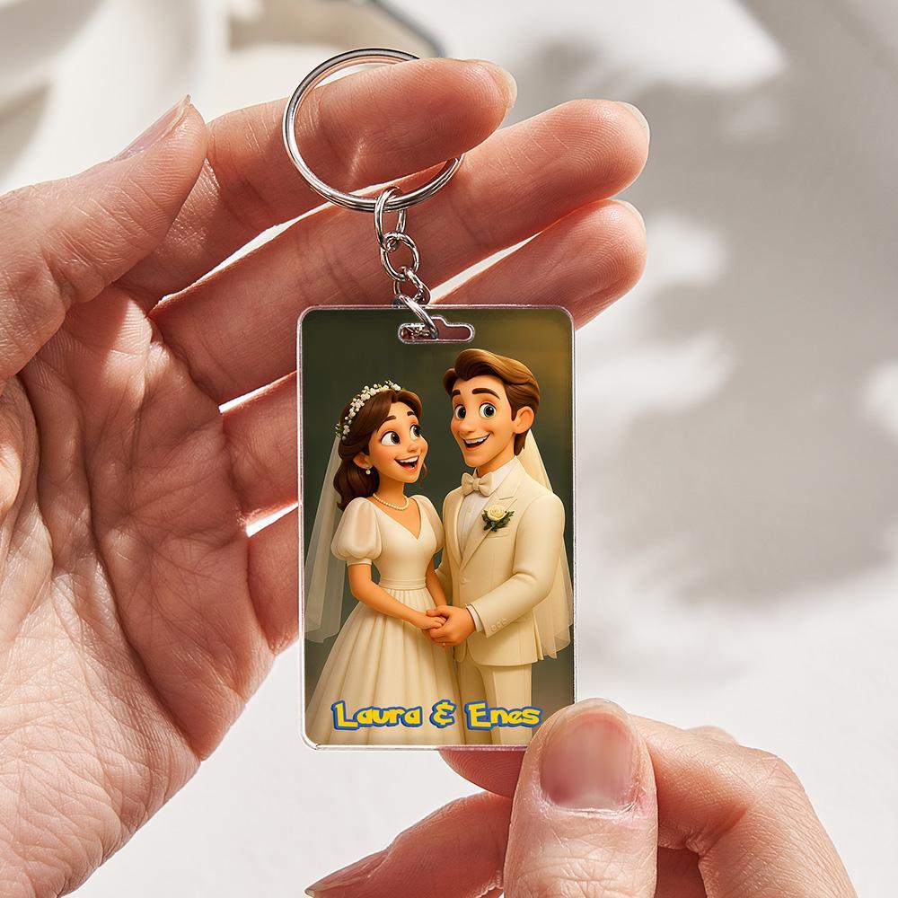 Cartoon Wedding Style Couple Keychain Perfect Gift for Couples Personalized Cartoon Gift with Photo & Text Acrylic Keychain Gift - myfacesockseu