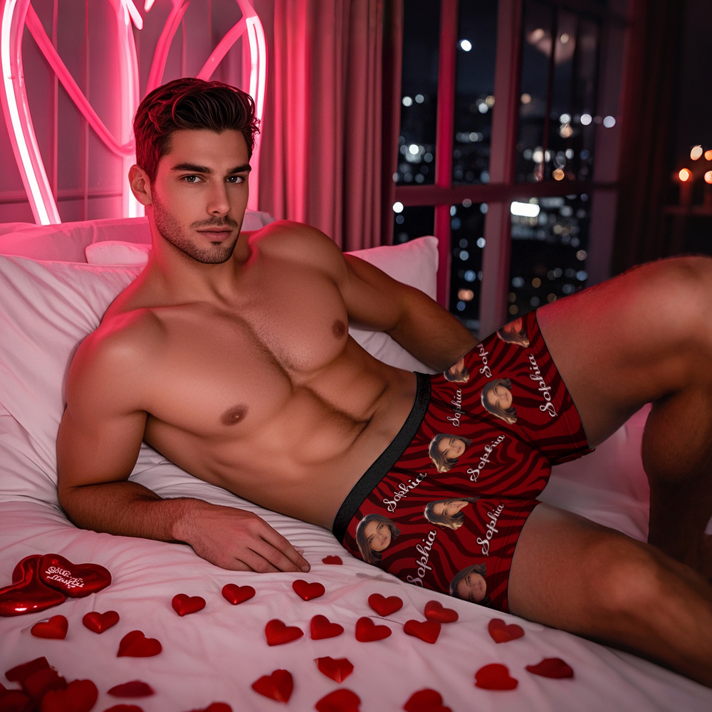 Custom Face and Text White Stripe Boxer Shorts Men's Face Valentine's Day Gifts - myfacesockseu