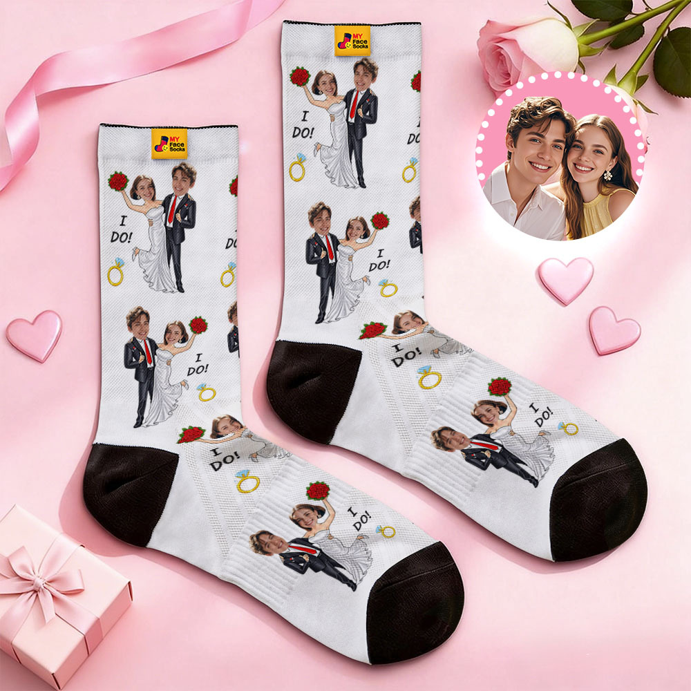 Custom Wedding Theme Black Face Socks Personalized Couple Name Valentine Day Socks with Photo Cute Couple Gift - myfacesockseu