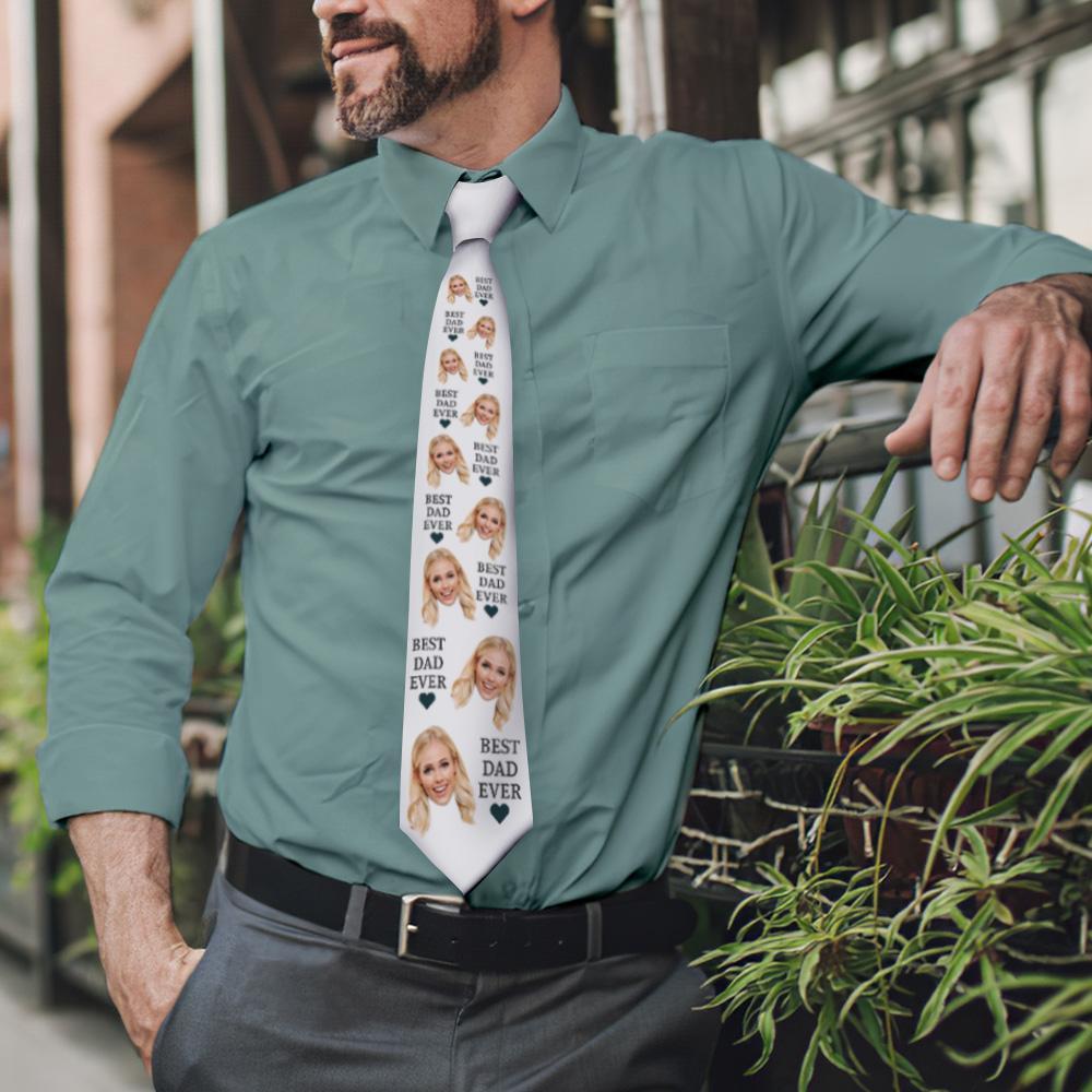 Custom Face On White Necktie Best Dad Ever - MyFaceSocksEU