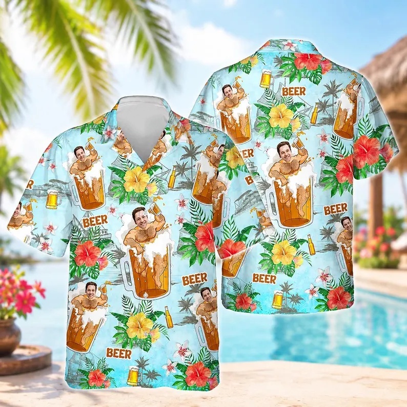 Personalized Hawaiian Shirt with Photo, Personalized Beer Shirt, Funny Gift for Beach Vacation - myfacesockseu