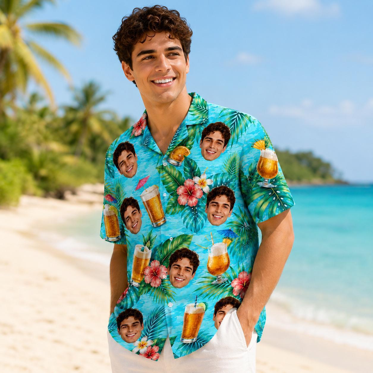 Personalized Hawaiian Shirt with Photo, Personalized Beer Shirt, Funny Gift for Beach Vacation - myfacesockseu
