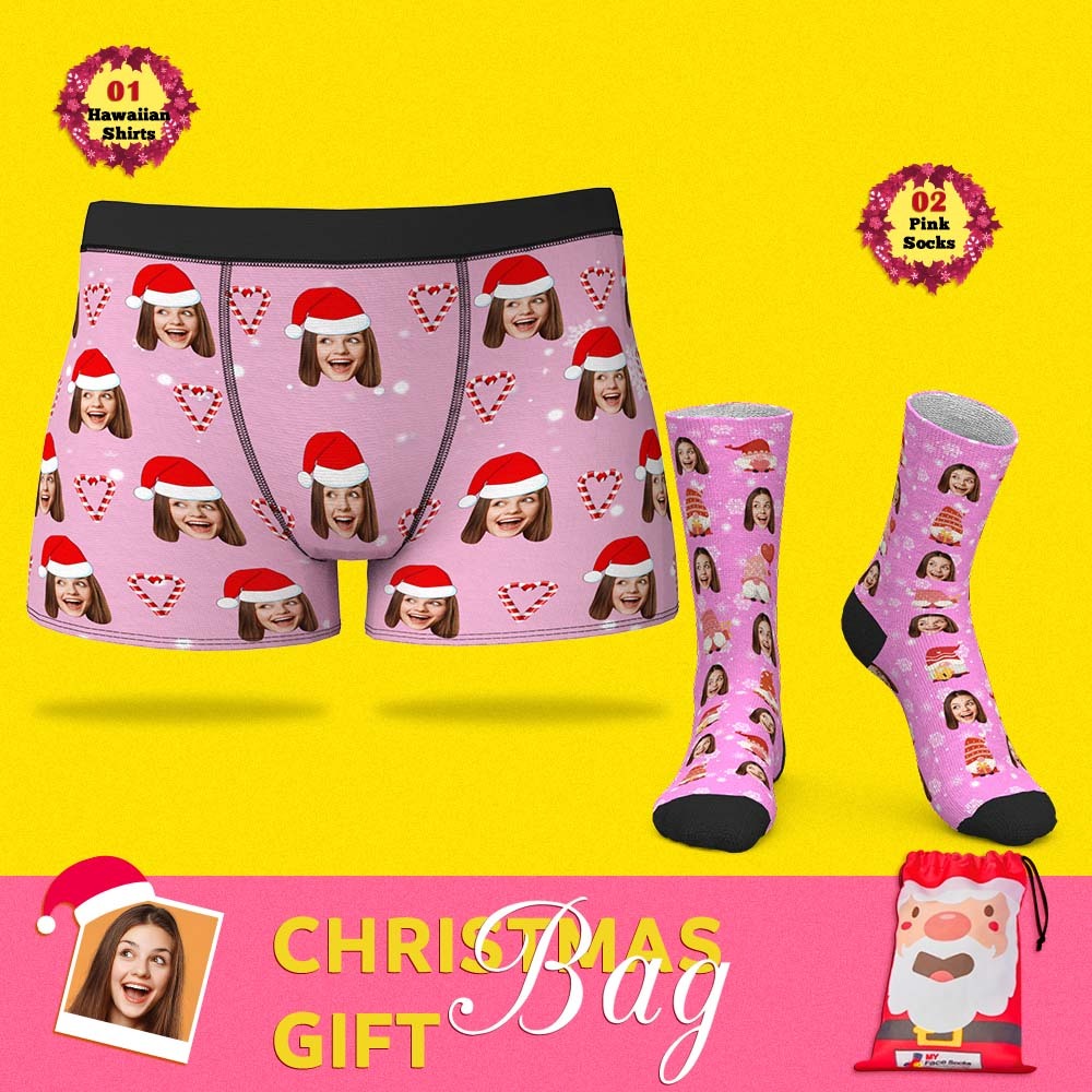 Christmas Gift Bags Custom Face Boxer Shorts And Socks Set For Him Pink Xmas - MyFaceSocksEU