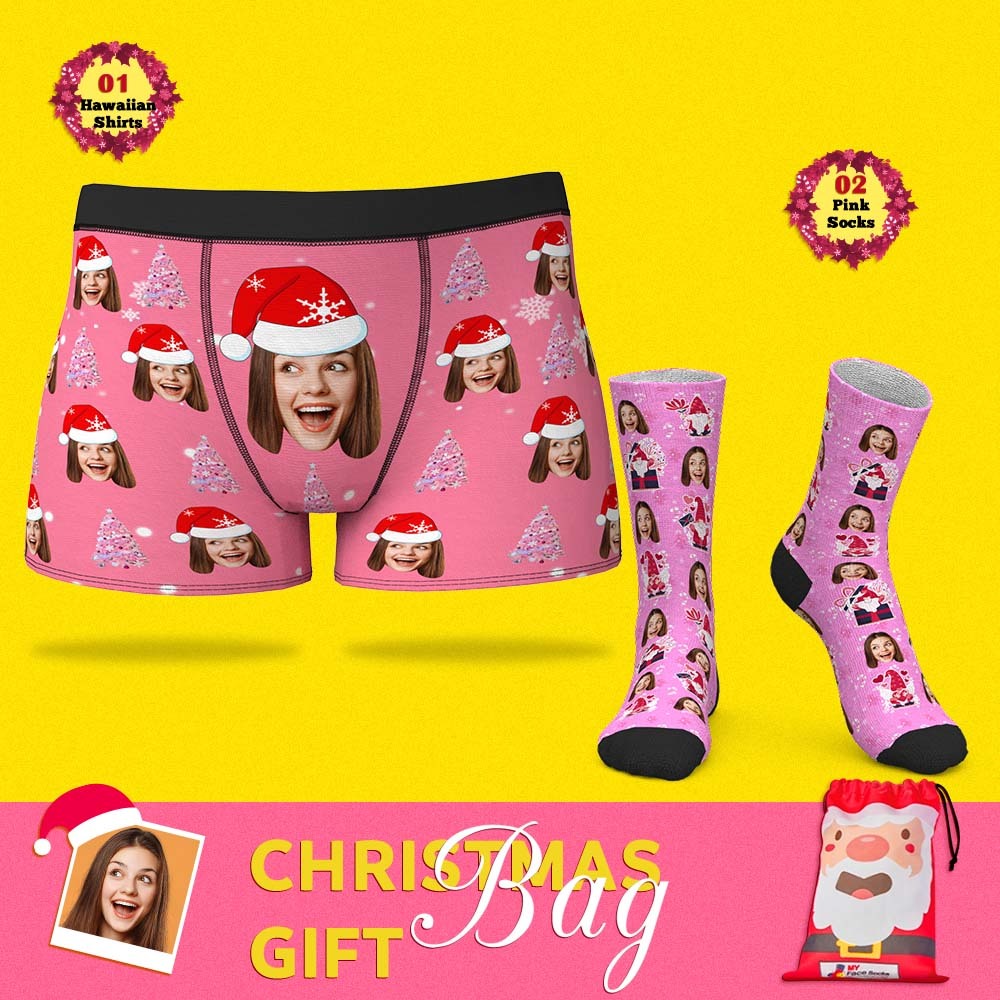 Christmas Gift Bags Custom Face Boxer Shorts And Socks Set For Him Pink Christmas - MyFaceSocksEU