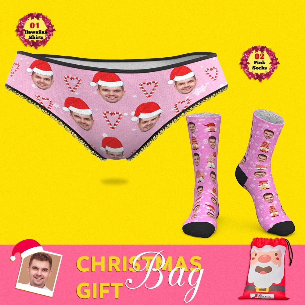 Christmas Gift Bags Custom Face Panties And Socks Set For Her Pink Xmas - MyFaceSocksEU