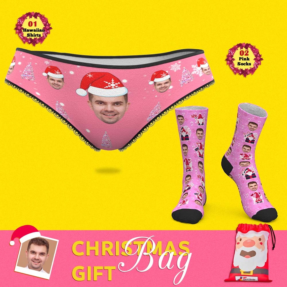 Christmas Gift Bags Custom Face Panties And Socks Set For Her Pink Christmas - MyFaceSocksEU