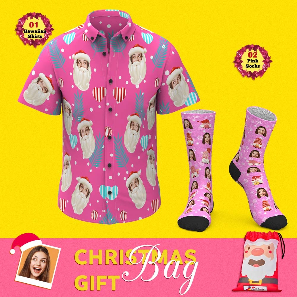 Christmas Gift Bags Custom Face Hawaiian Shirts And Socks Set For Him Pink Xmas - MyFaceSocksEU