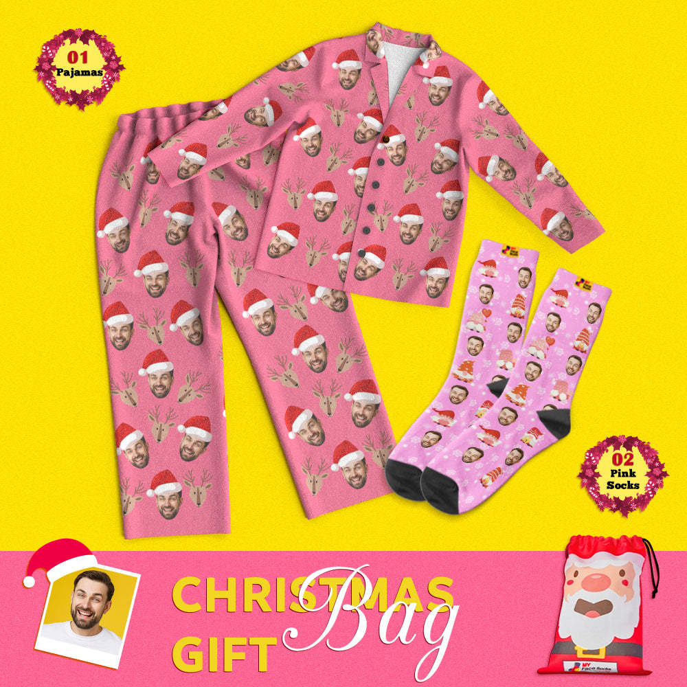 Christmas Gift Bags Custom Face Pajamas And Socks Set Pink Xmas - MyFaceSocksEU