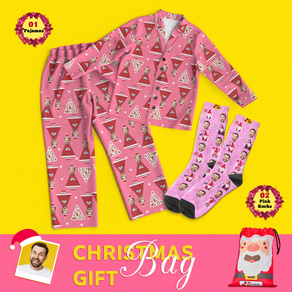 Christmas Gift Bags Custom Face Pajamas And Socks Set Pink Christmas