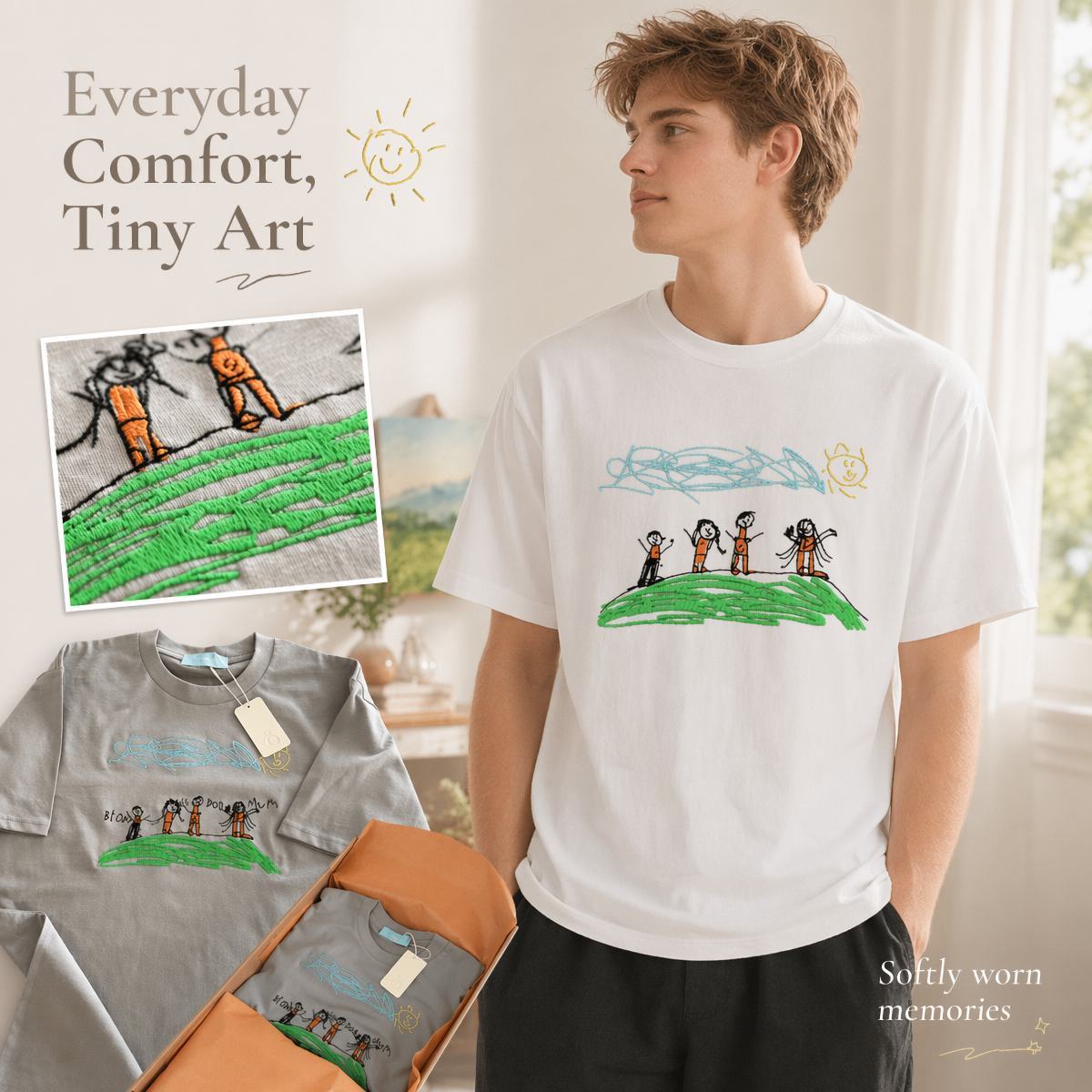 Custom Kids Drawing Embroidered T-Shirt – Personalized Child Artwork Tee, Custom Family Portrait Embroidery Shirt, Meaningful Gift for Mom, Dad & Grandparents - MyFaceSocksUK