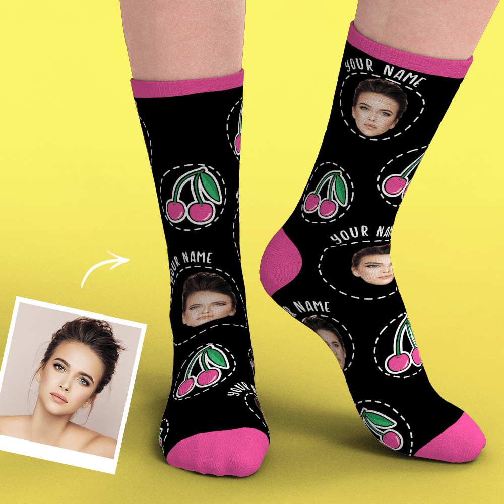 Custom Smile Face Socks Add Pictures-Cherry