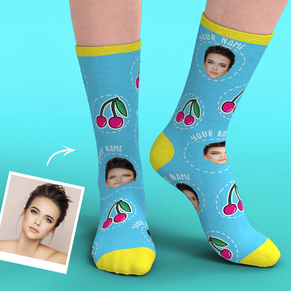 Custom Smile Face Socks Add Pictures-Cherry