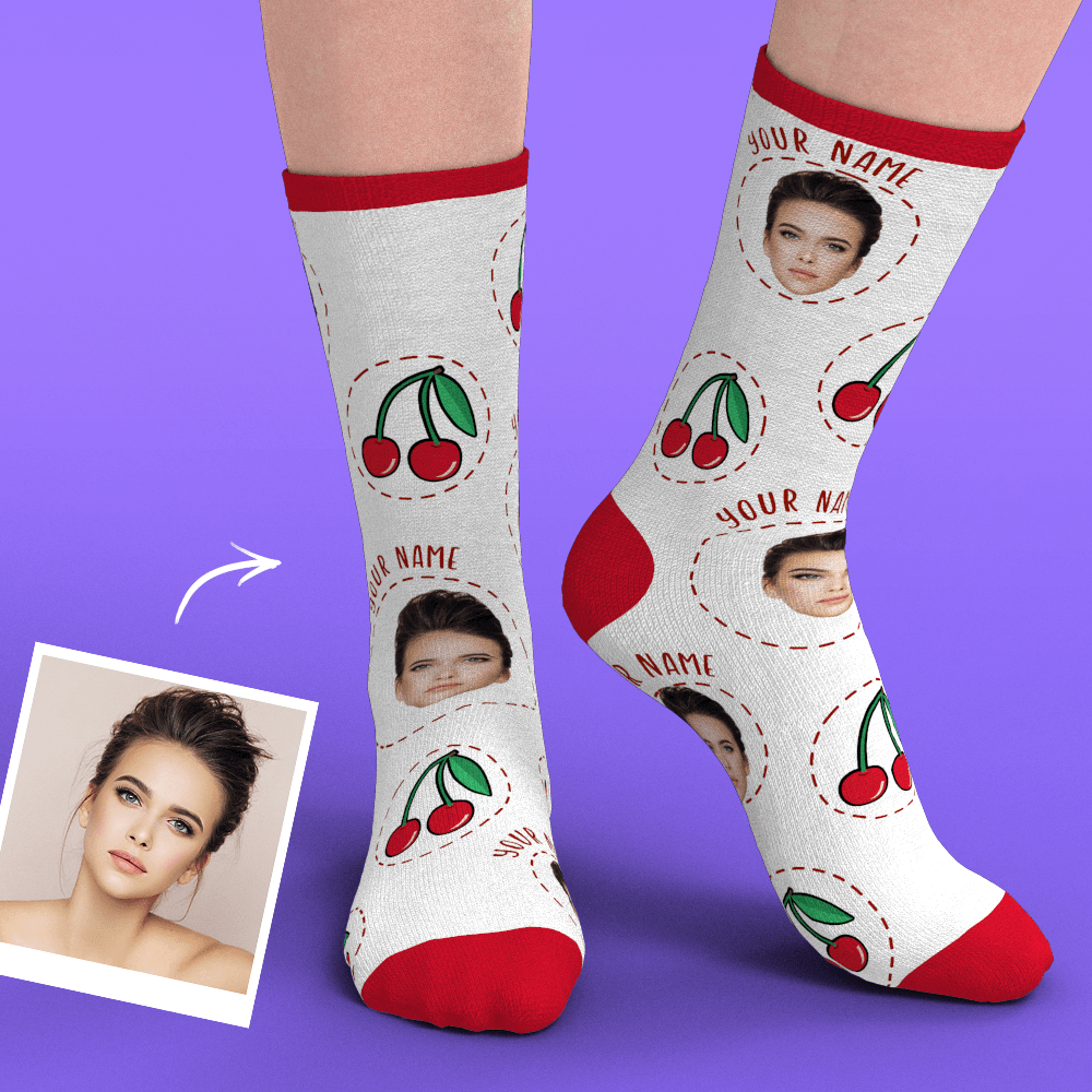 Custom Smile Face Socks Add Pictures-Cherry