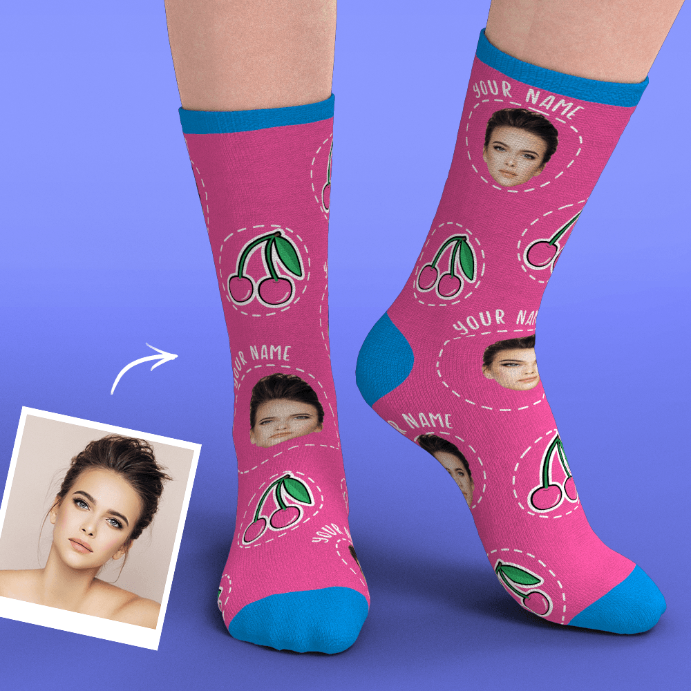 Custom Smile Face Socks Add Pictures-Cherry