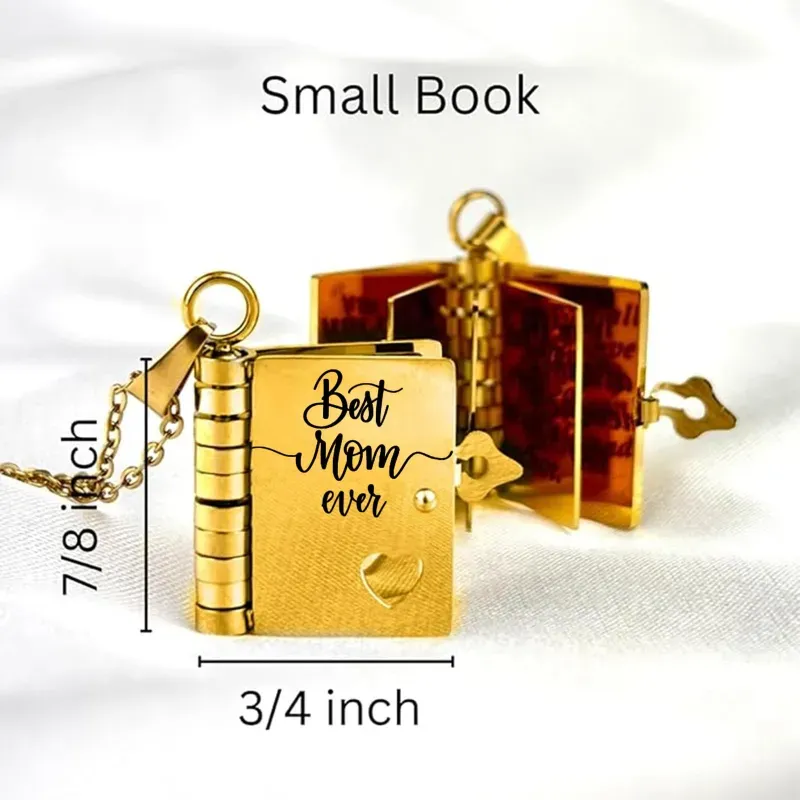 Personalized Mom Necklace for Women - Heartfelt Message Jewelry for Mom from Daughter Son, Engraved Book Pendant, Birthday Christmas Gift for Mother