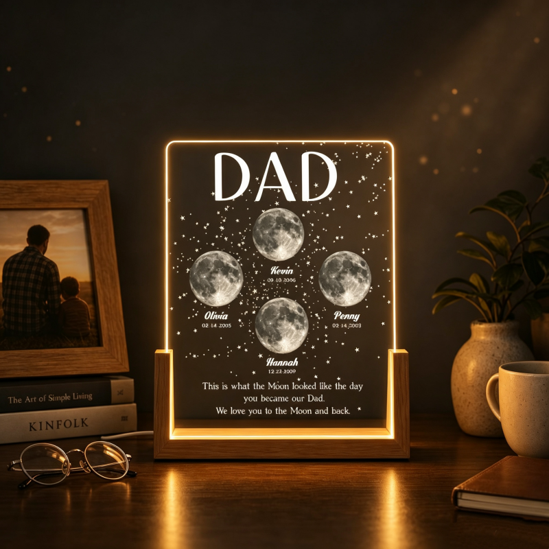 Moon Phase Dad Gift – Personalized Acrylic Plaque Light, Custom Night Sky Gift for Dad, Father’s Day Gift, LED Moon Lamp Keepsake