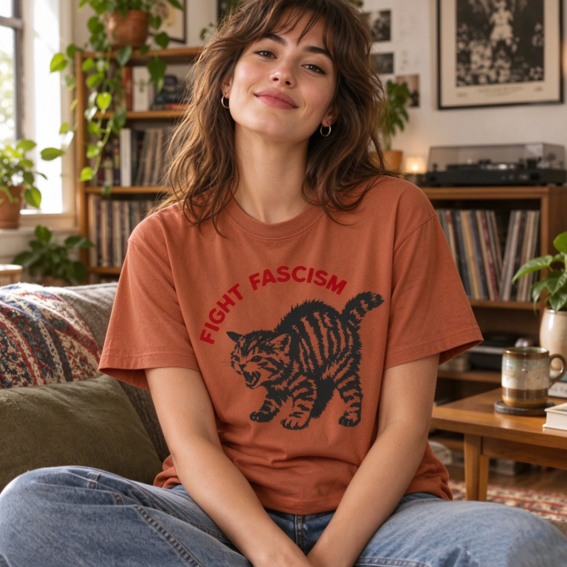 Fight Fascism Tabby Cat T-Shirt – Bold Statement Tee for Activists & Gift Givers This Holiday Gift - MyFaceSocksUK