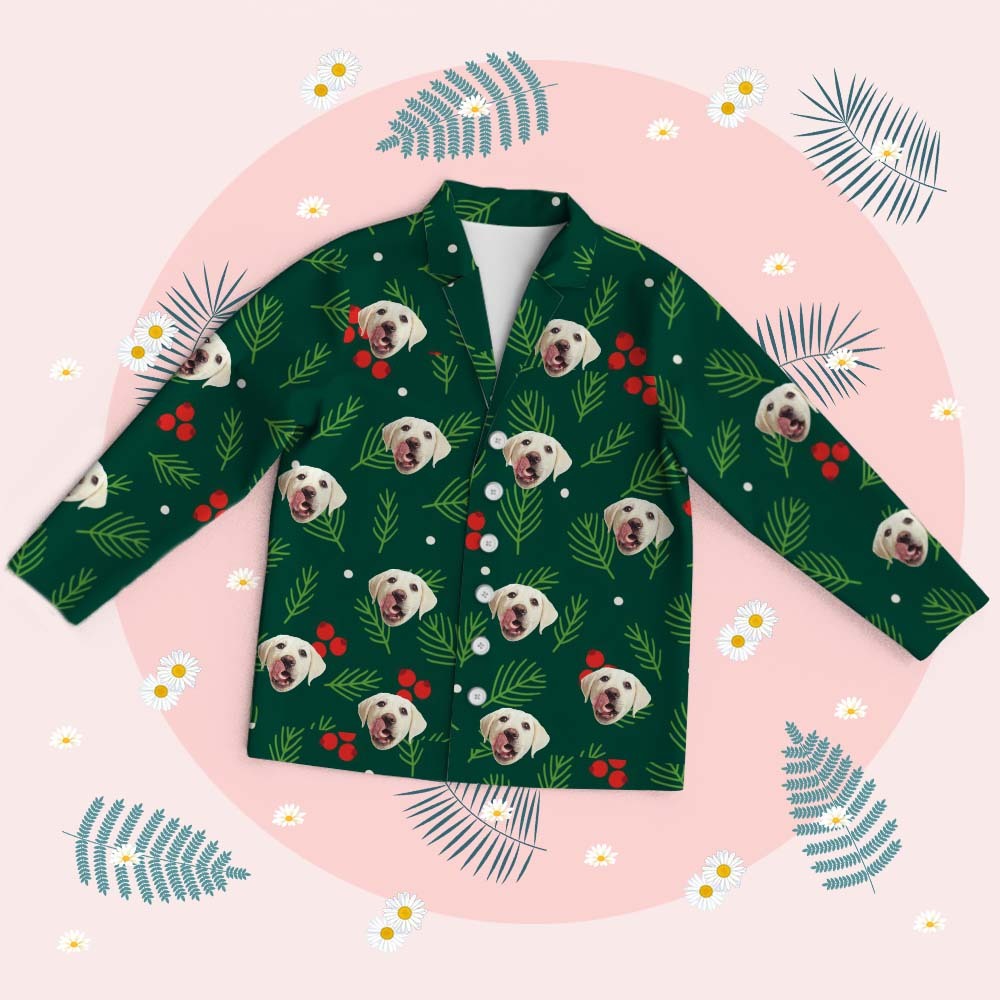 Custom Face Long Sleeve Sleepwear Christmas Face Pajamas Personalized Photo Red Palm Leaves Pajamas Gift - MyFaceSocksUK