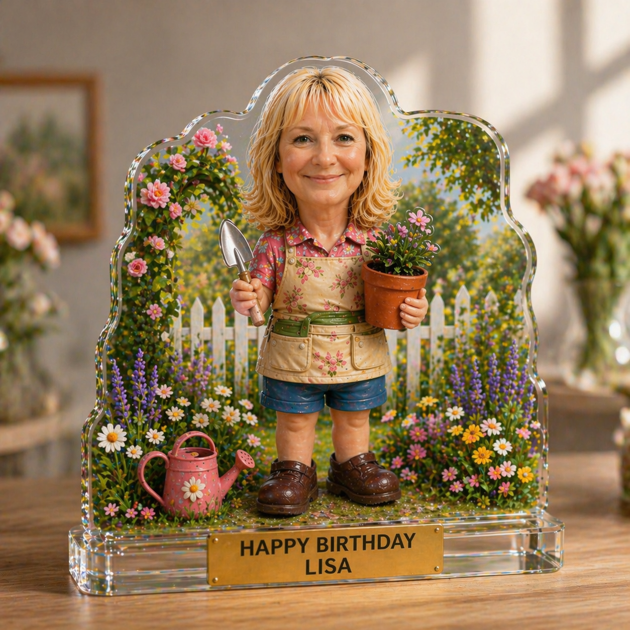 Personalized Garden Fantasy Acrylic Plaque – Custom Birthday Portrait Gift for Women, 2D Photo to 3D Style Keepsake - MyFaceSocksUK