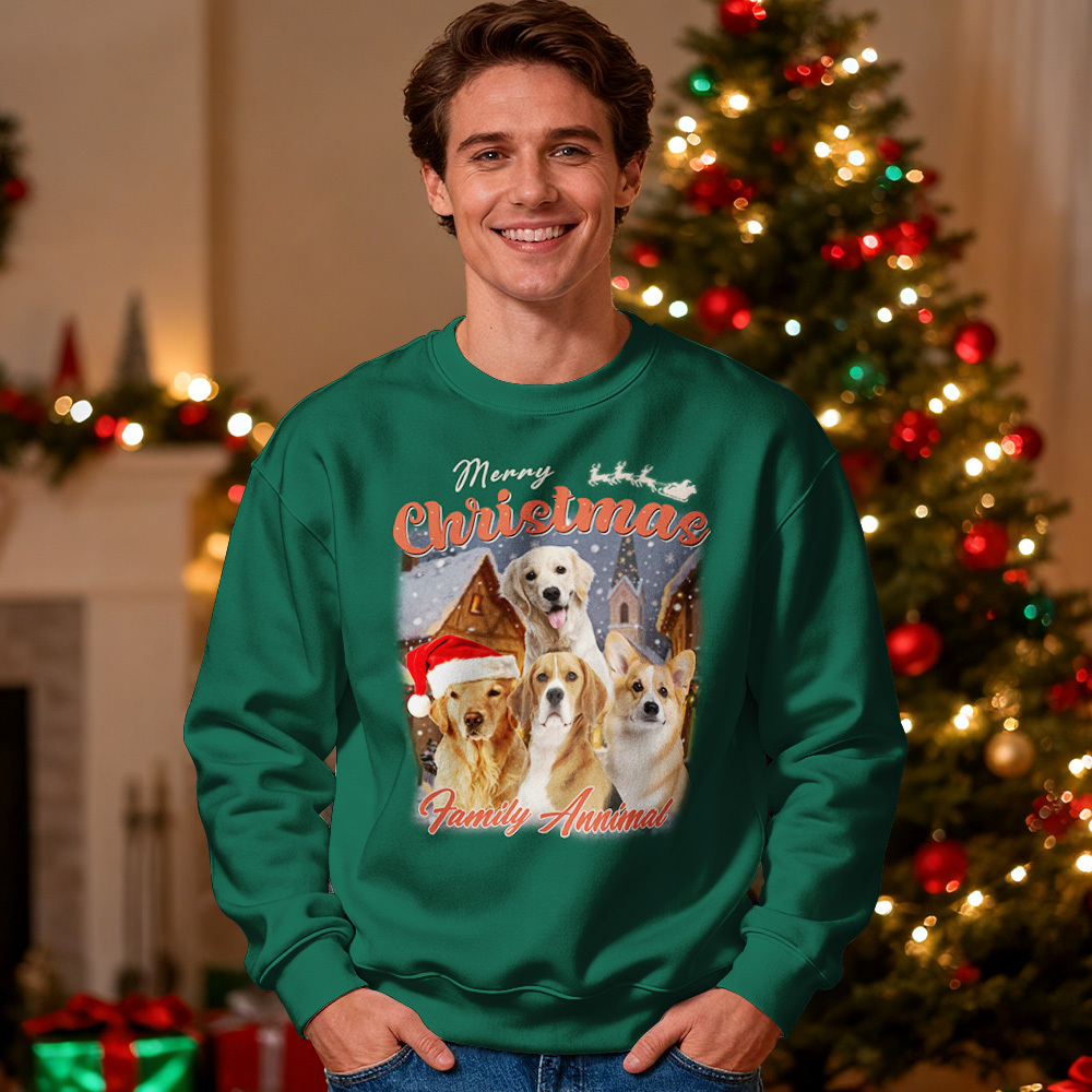 Custom Face Round Neck Hoodie Custom Your Pet Retro Vintage Portrait Green Christmas Sweatshirt - MyFaceSocksUK