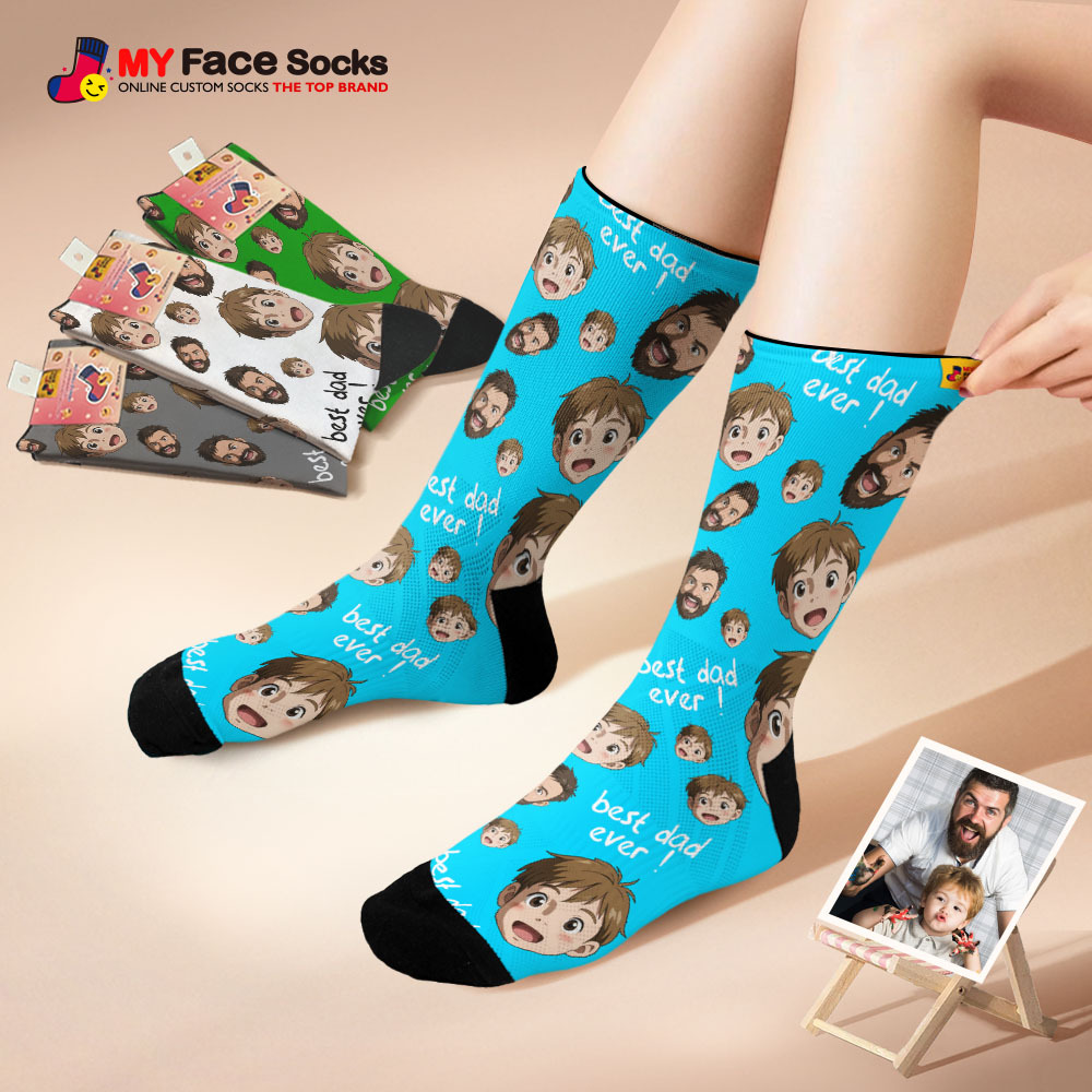 Custom Cartoon Dad Photo Print Socks Colorful Grey Blue Socks Personalized Custom Design Best Fathers Day Gift - MyFaceSocksUK