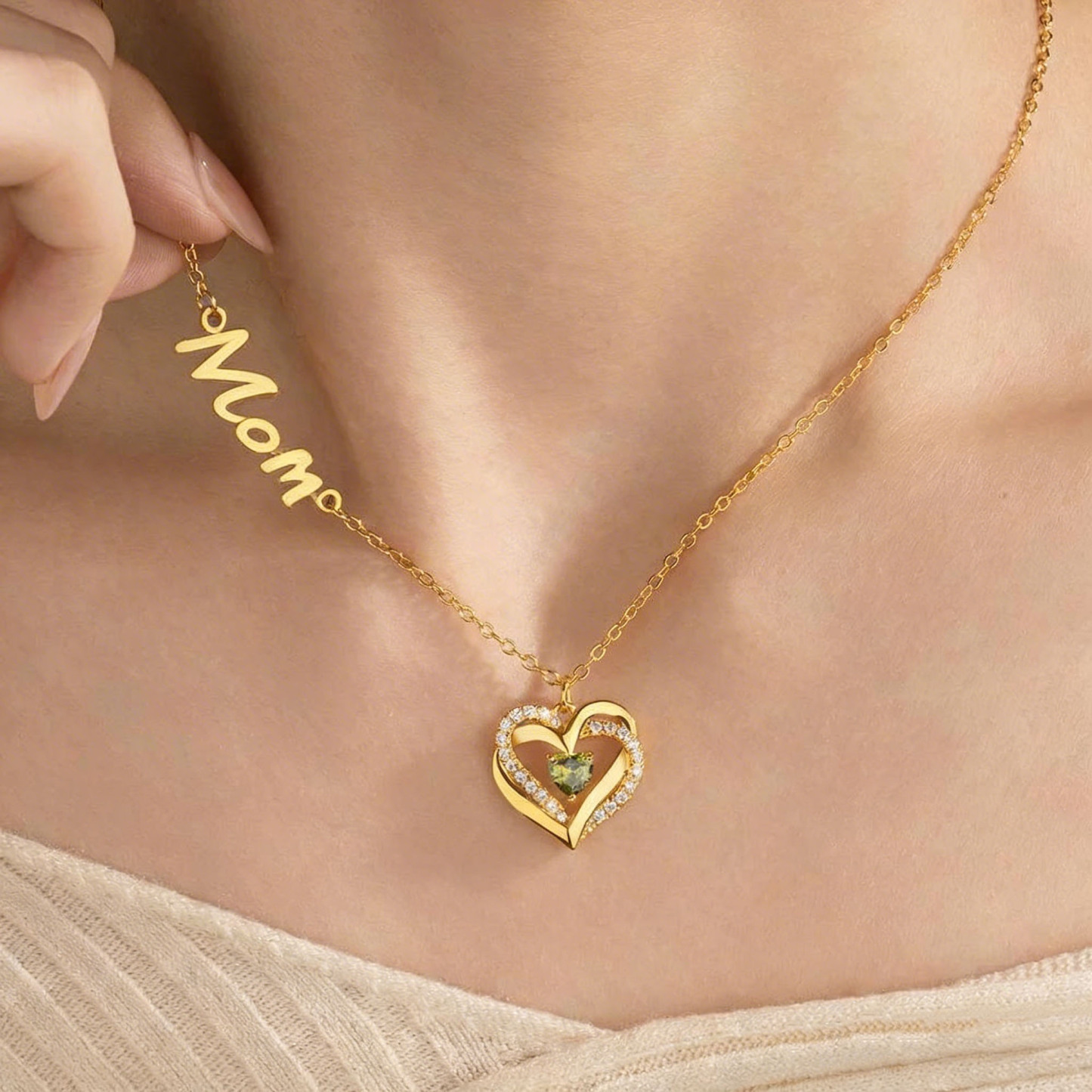 Personalized Birthstone Double-Heart Necklace with Name Mother's Day Gift for Mom Custom Gift for Loved Mom - MyFaceSocksUK