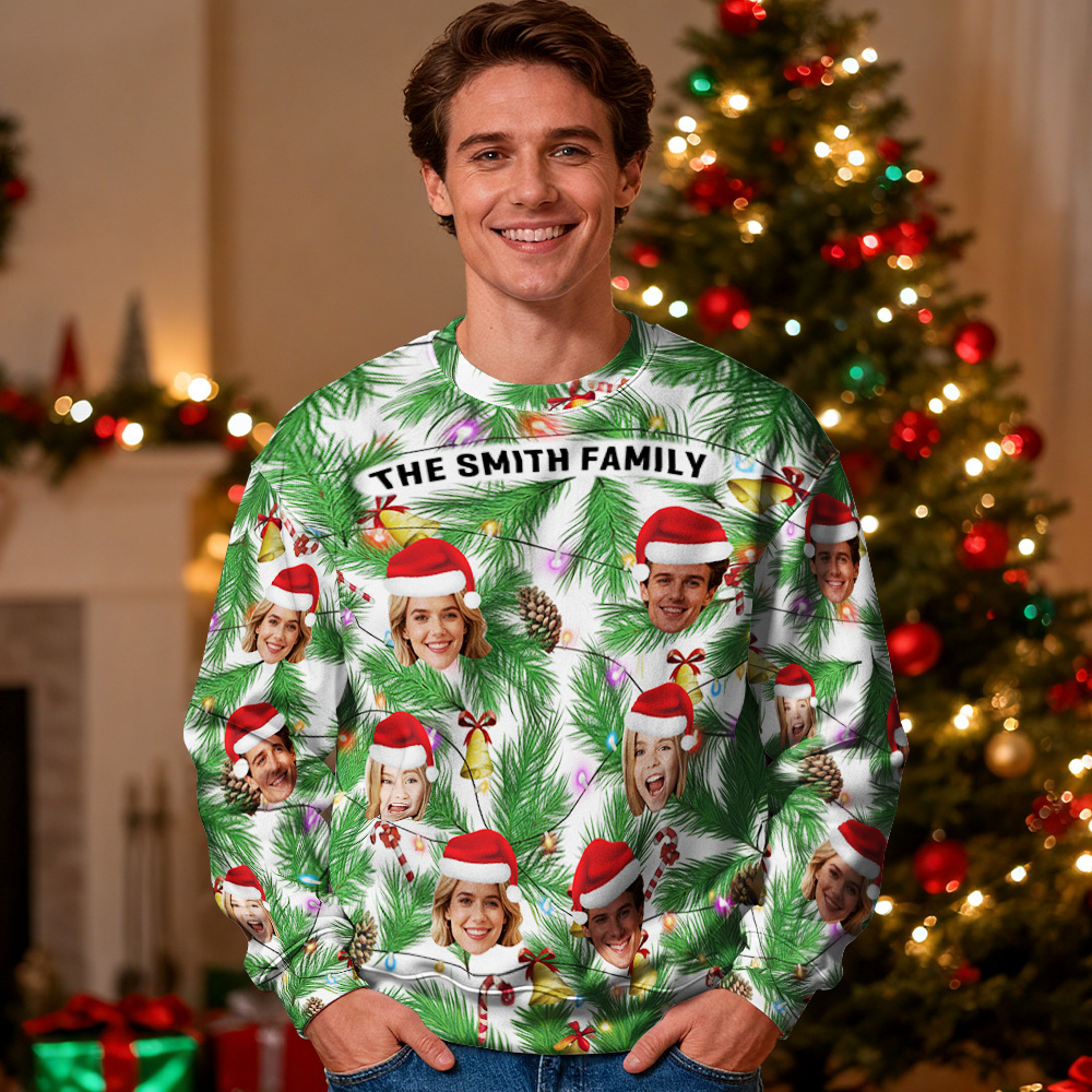 Custom Face Round Neck Hoodie Personalized Photo Gift For Family Christmas Light Bulbs Sweater - MyFaceSocksUK
