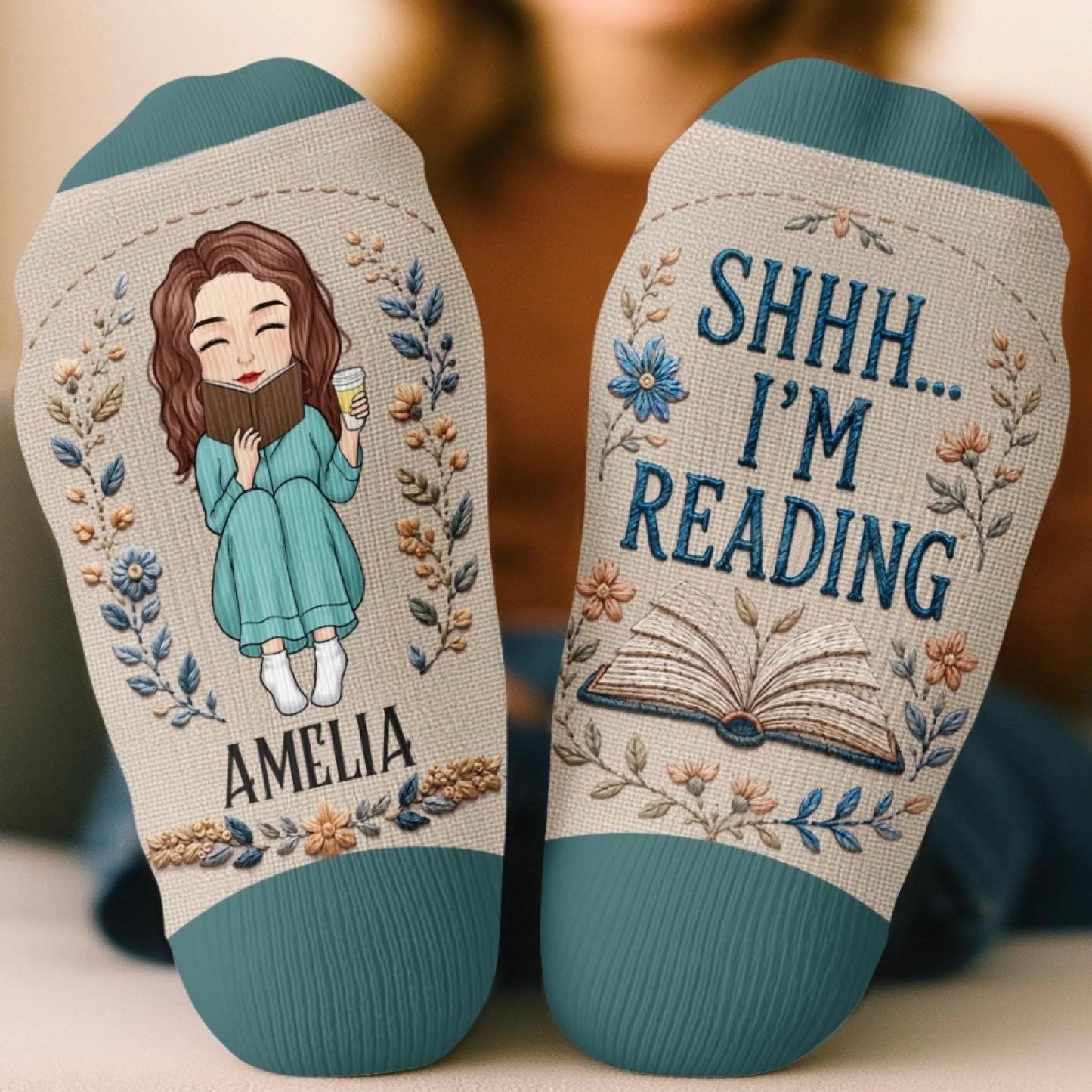 Custom Shh I'm Reading Crew Socks - Personalized Bookish Gifts For Book Lovers, Bookworms, Readers - Turn The Page In Total Peace - MyFaceSocksUK