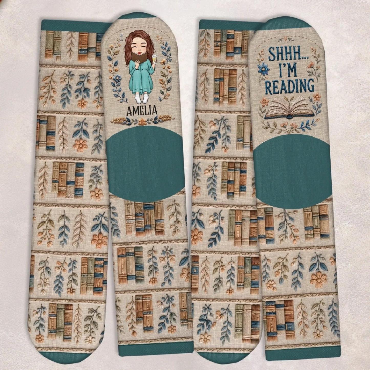 Custom Shh I'm Reading Crew Socks - Personalized Bookish Gifts For Book Lovers, Bookworms, Readers - Turn The Page In Total Peace - MyFaceSocksUK