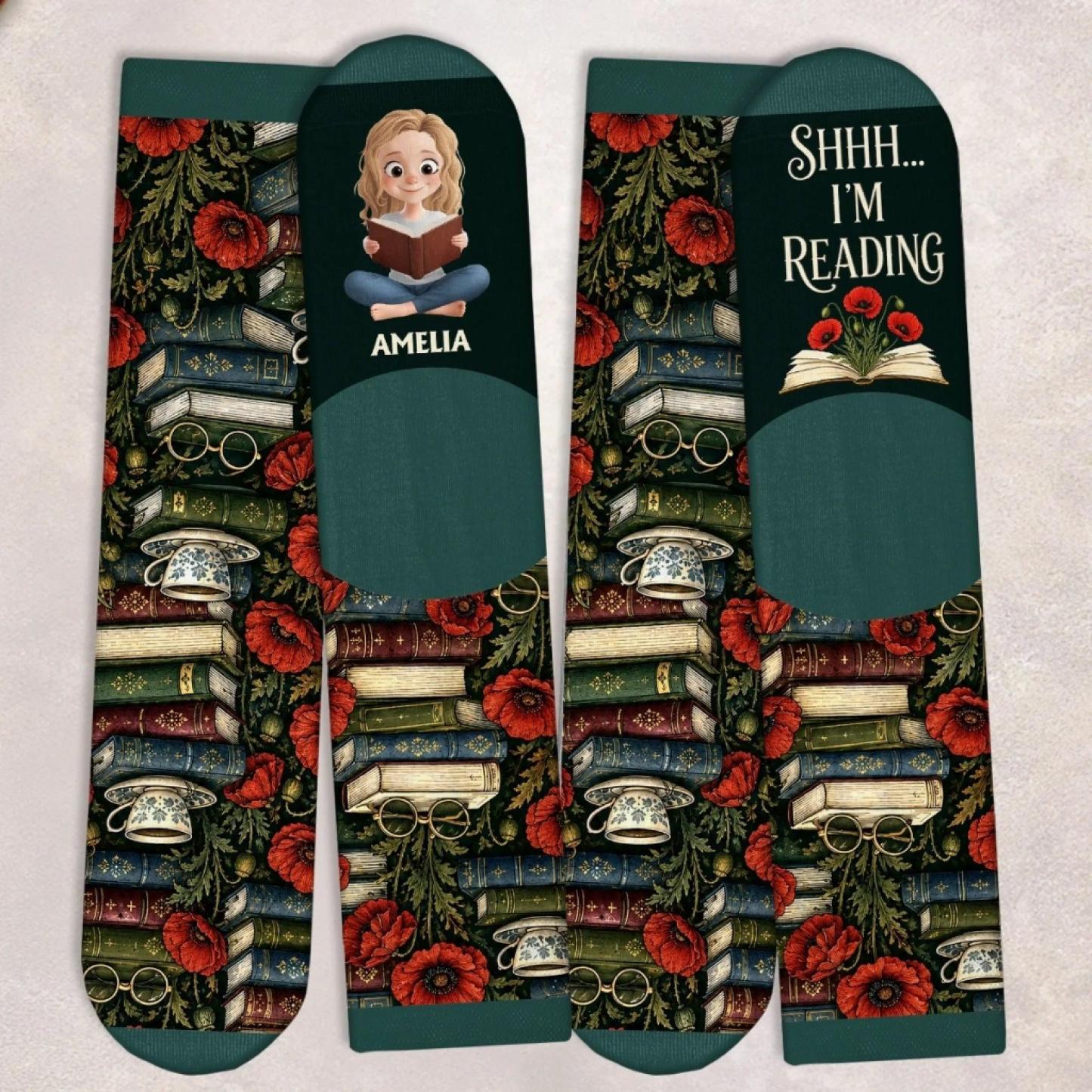 Custom Shh I'm Reading Crew Socks - Personalized Bookish Gifts For Book Lovers, Bookworms, Readers - One More Chapter - MyFaceSocksUK