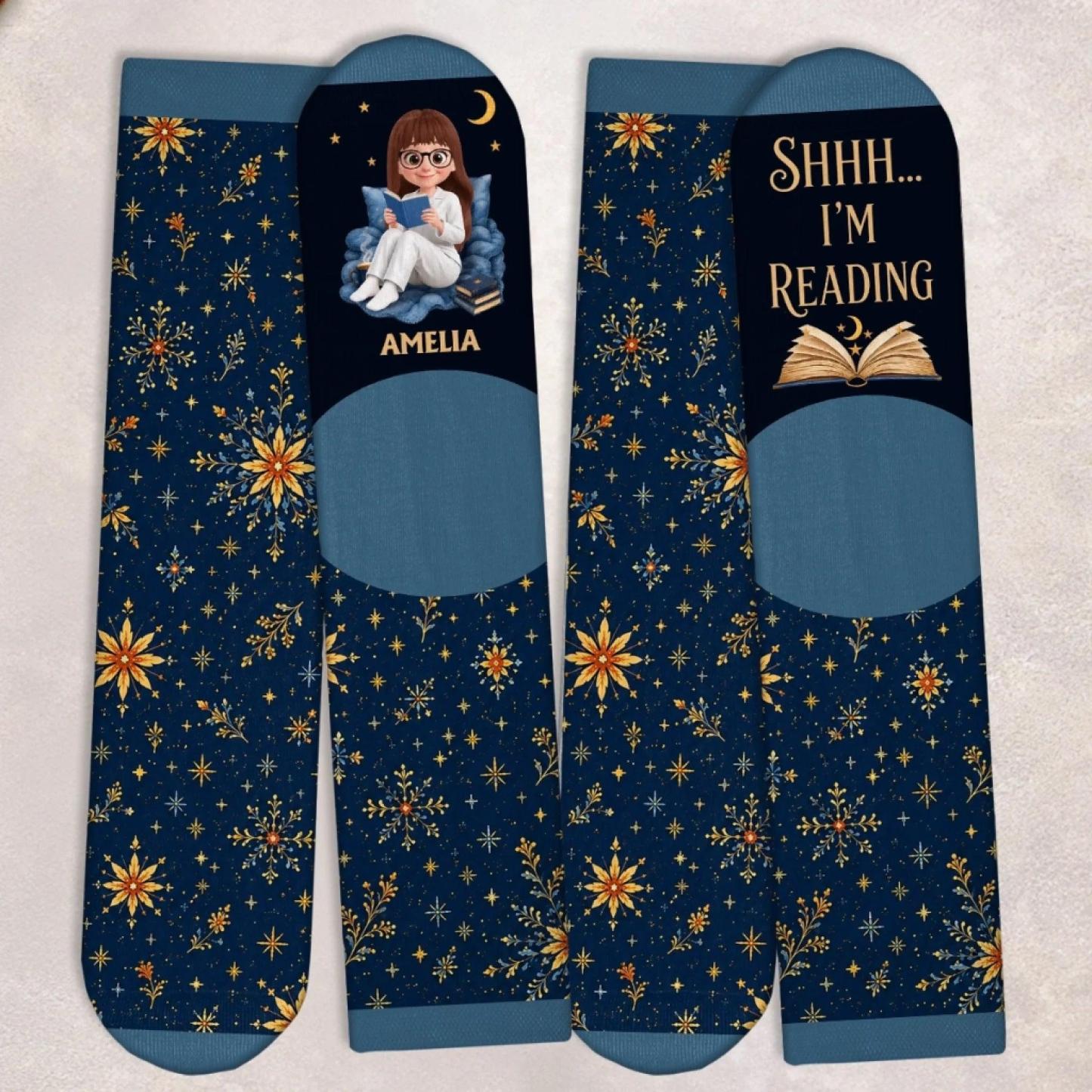 Custom Shh I'm Reading Crew Socks - Personalized Bookish Gifts For Book Lovers, Bookworms, Readers - I'm Booked - MyFaceSocksUK