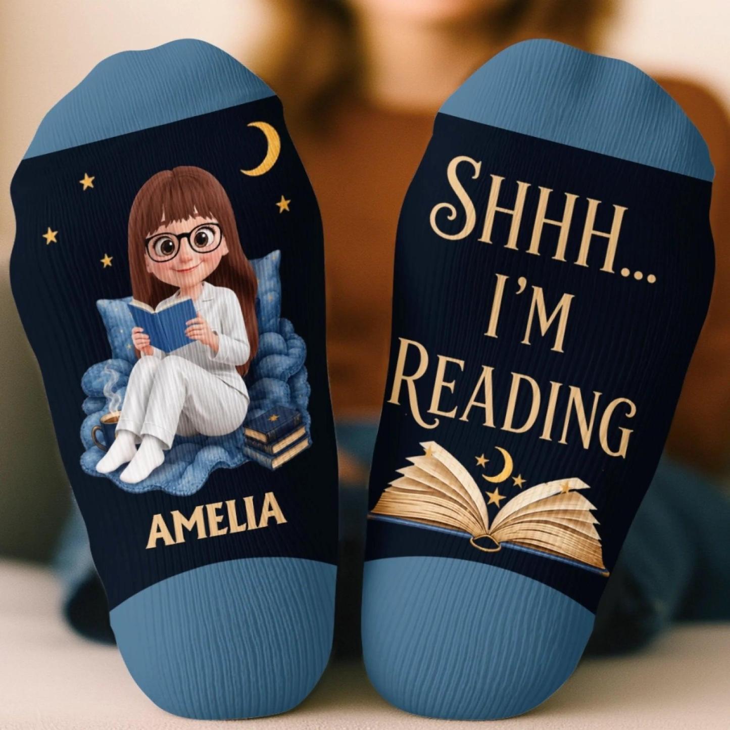 Custom Shh I'm Reading Crew Socks - Personalized Bookish Gifts For Book Lovers, Bookworms, Readers - I'm Booked - MyFaceSocksUK