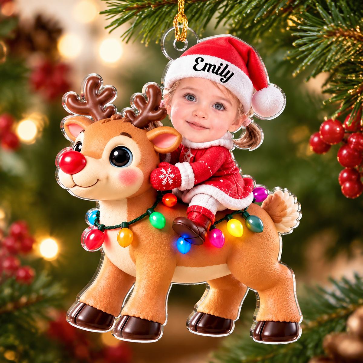 Personalized Christmas Ornament for Kids – Custom Name Reindeer Ride Decor with LED Lights
