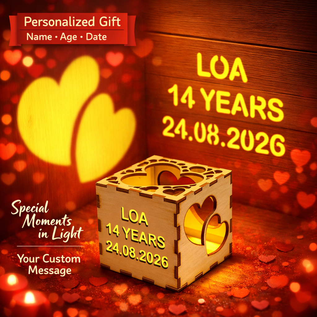 Valentine's Day Personalized Wooden Projection Night Light Cube – Custom Name, Age & Date | Heart Shadow Memory Lamp Gift for Anniversaries - MyFaceSocksUK