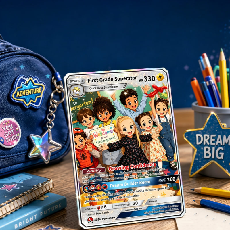 First Grade Gift from Parents, First Day of School Custom Anime Poke Card, Personalized Poke Card for Kids - Kindergarten Graduation Gift