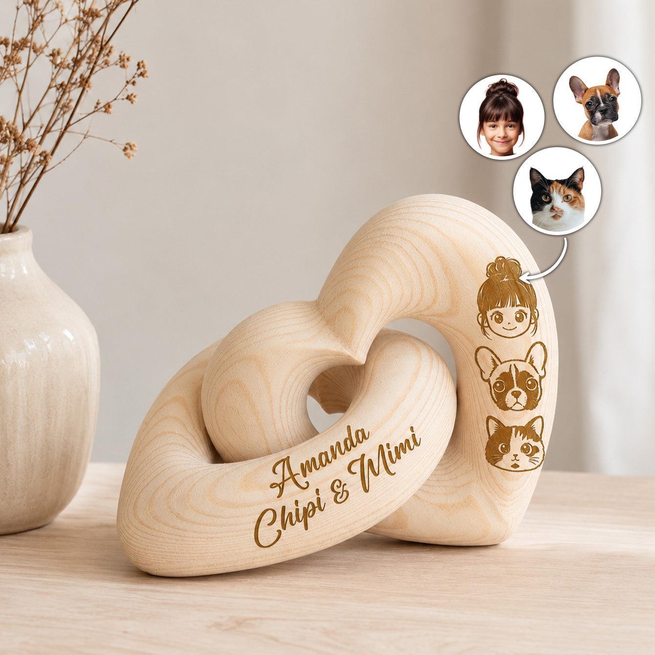 Custom Photo Cartoon Line Art - Personalized Wooden Heart Sculpture - Special Gift For Family Members, Pet Lover, Couple - MyFaceSocksUK